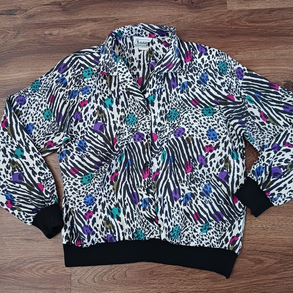 Vintage 1980s Notations Woman Animal Print Button-Up Blouse Size Small‎